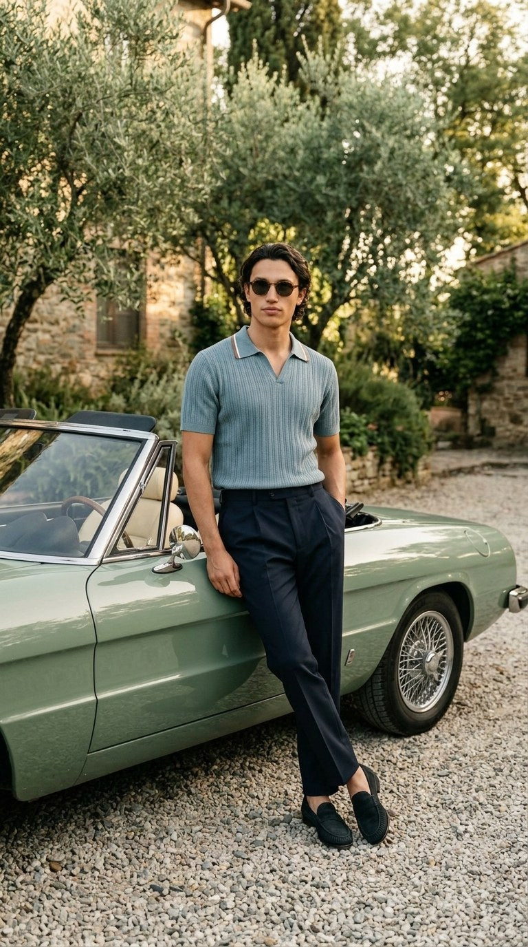 Homem com polo de tricô azul e calça marinho ao lado de carro clássico em villa italiana